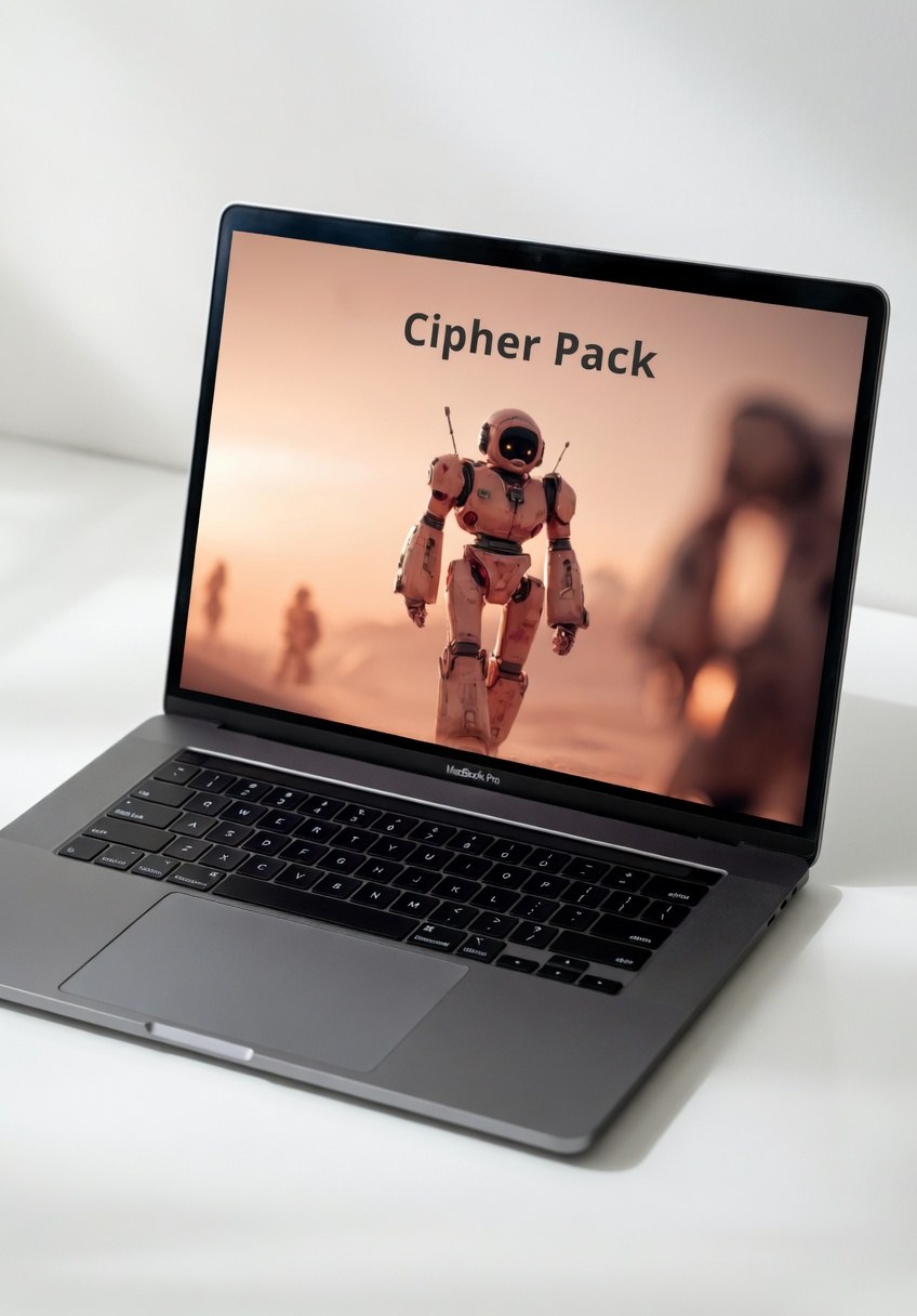 Laptop displaying a robot image with 'Cipher Pack' text on a white background