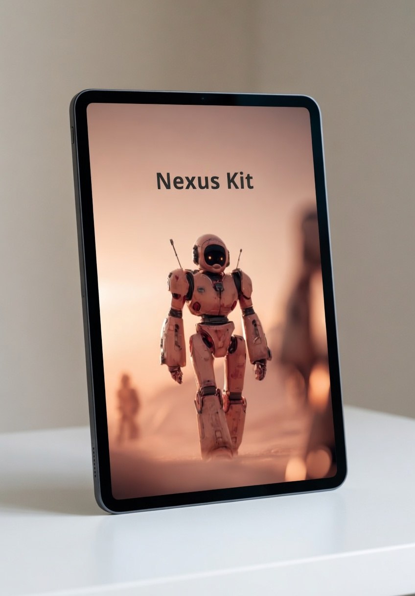Tablet displaying an image of a robot with 'Nexus Kit' text on a neutral background
