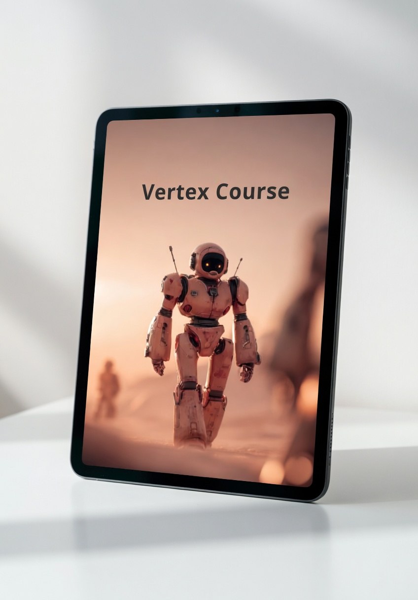 Tablet displaying a robot image with 'Vertex Course' text on a white surface
