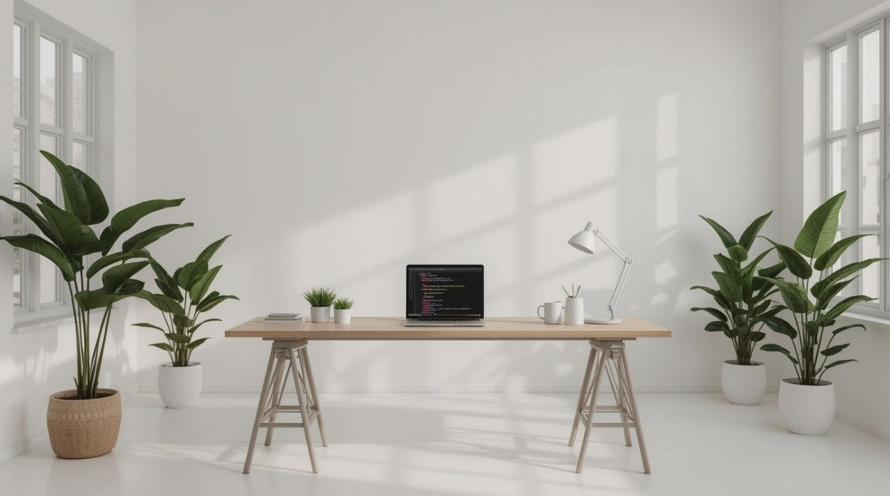 Modern office setup with a desk, laptop, and plants in a bright room.