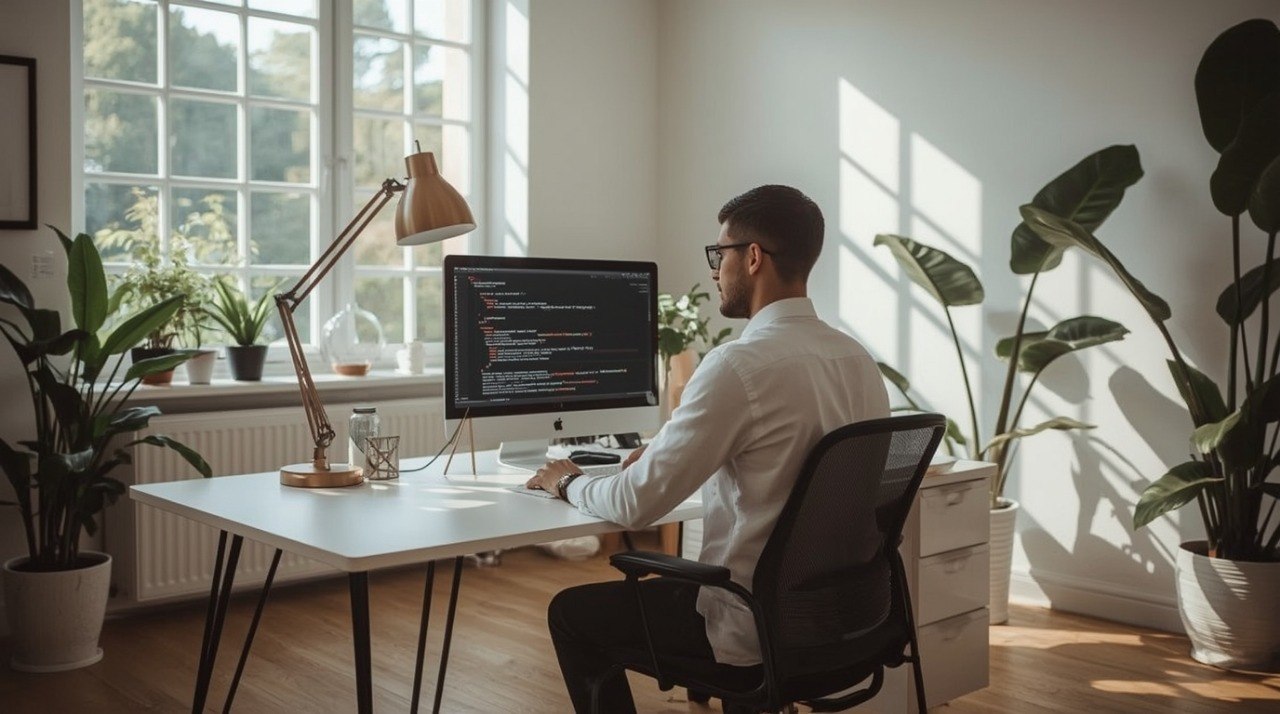 Man working at a desk with a computer in a bright room with large windows and plants.