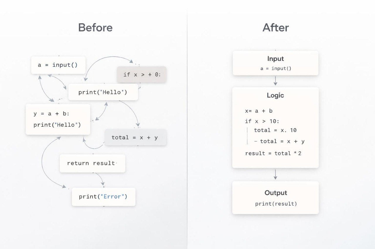 Comparison of a flowchart on the left and a code snippet on the right, with 'Before' and 'After' labels.