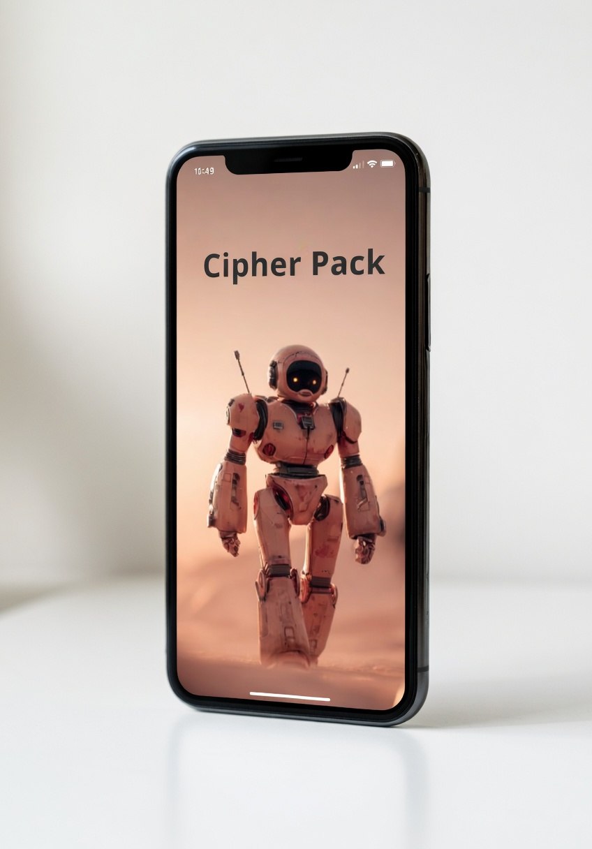 Phone displaying a robot image with 'Cipher Pack' text on a white background