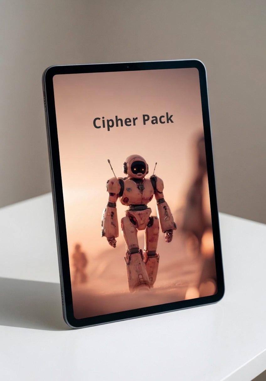 Tablet displaying an image of a robot with 'Cipher Pack' text on a beige background