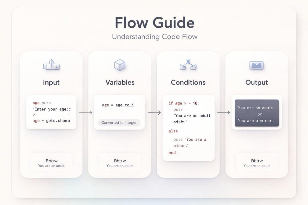 Flow guide for understanding code flow with input, variables, conditions, and output steps.