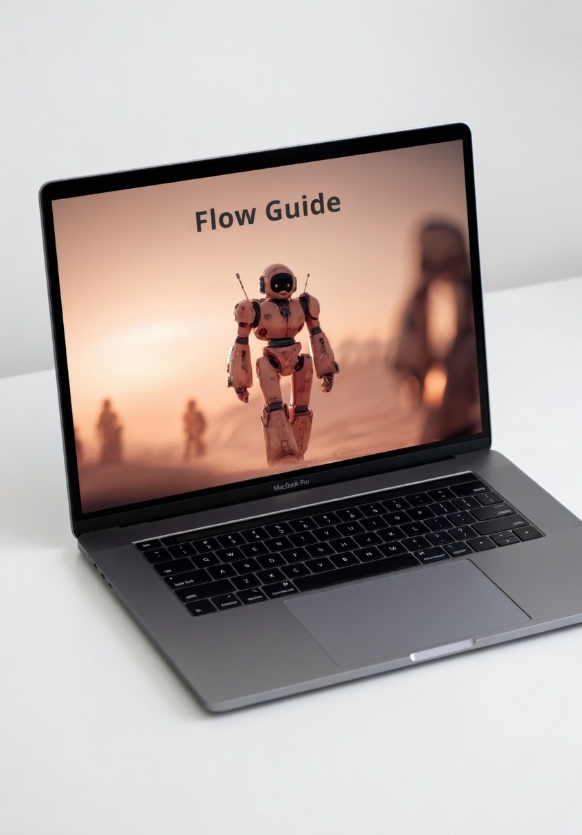 Laptop displaying a robot on a screen with 'Flow Guide' text