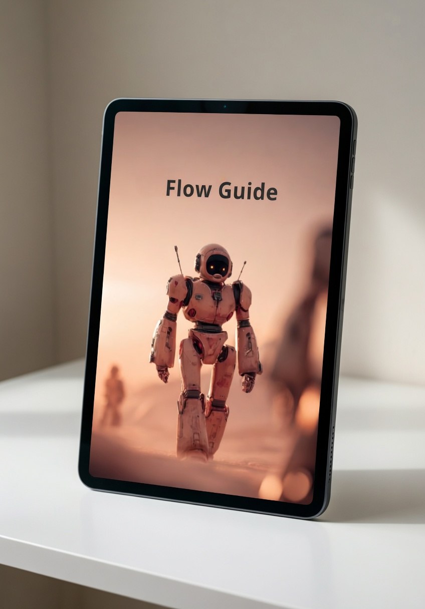 Tablet displaying a robot image with 'Flow Guide' text on a white surface.