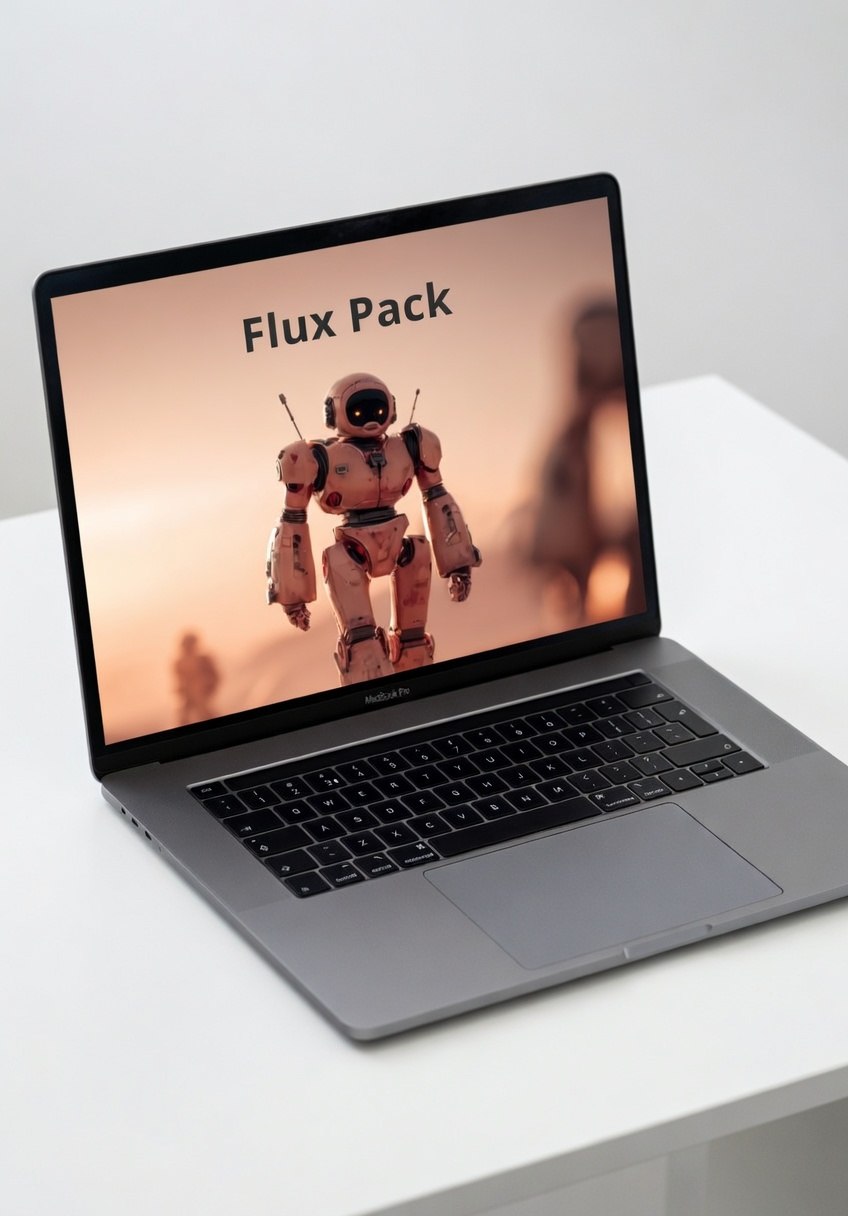 Laptop on a white surface with a robot image on the screen labeled 'Flux Pack'.