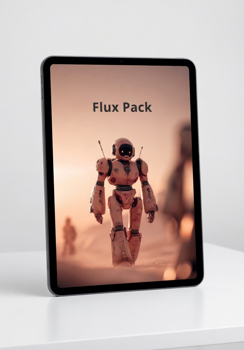 Tablet displaying an image of a robot with 'Flux Pack' text on a light background