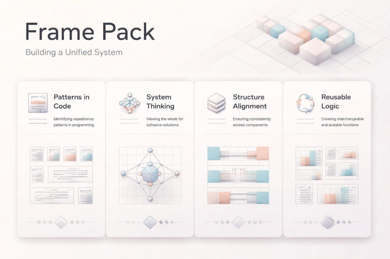 Illustration of a 'Frame Pack' with system thinking and component alignment on a white background