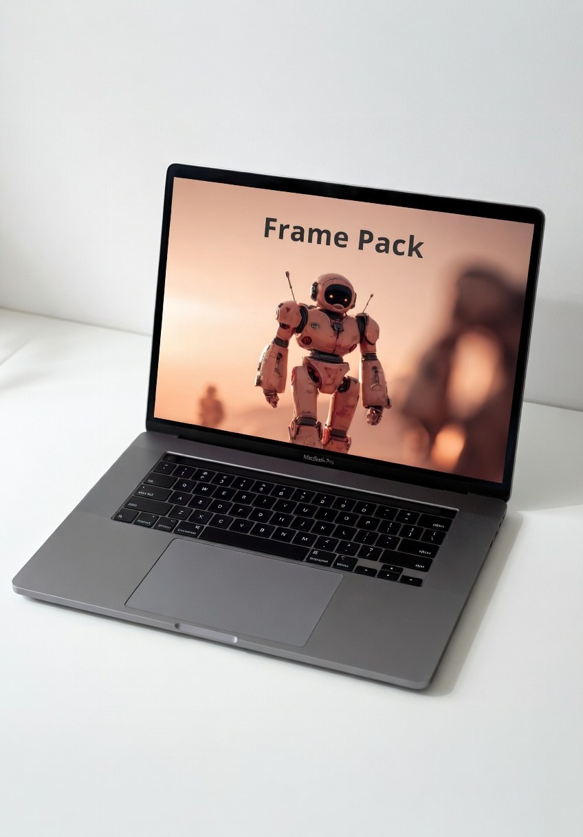 Laptop displaying an image of a robot with 'Frame Pack' text on a white background