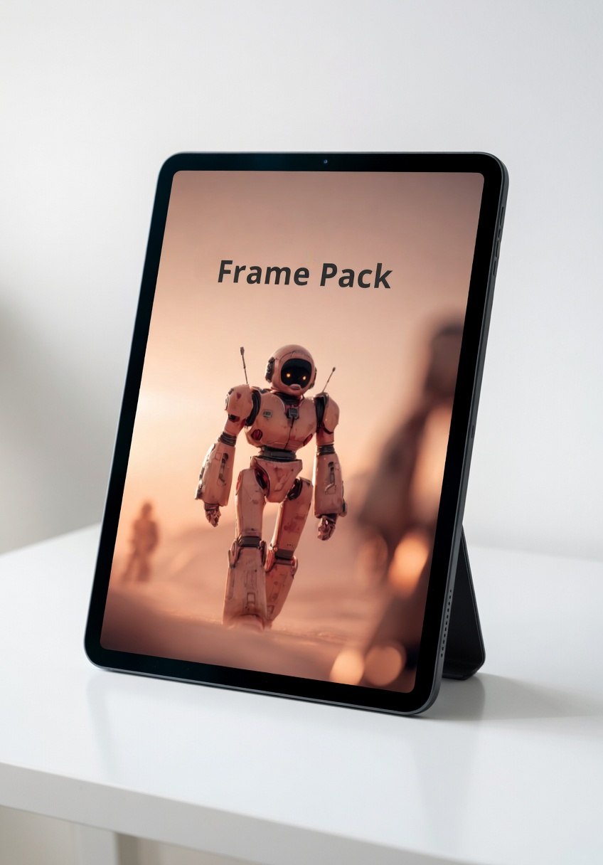 Tablet displaying an image of a robot with 'Frame Pack' text on a white surface.
