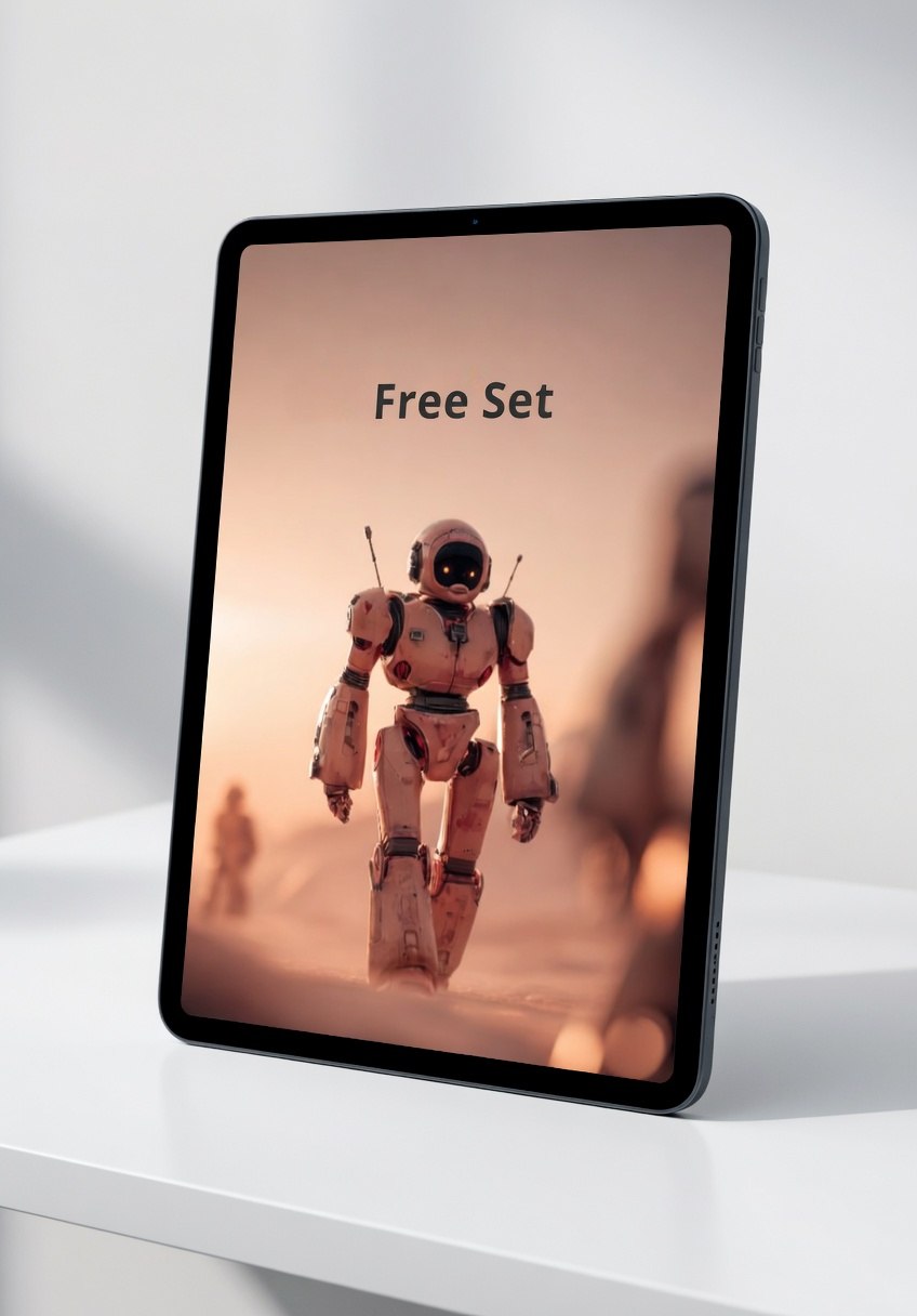 Tablet displaying an image of a robot on a white surface with a neutral background