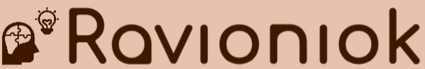 Logo of Ravioniok with a stylized face icon on a brown background