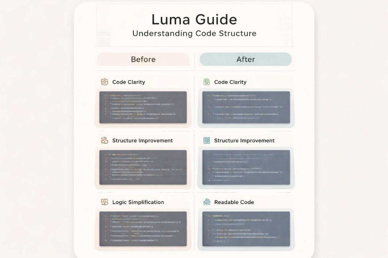 Luma Guide interface showing code structure improvement before and after effects.