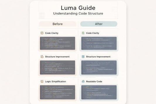 Luma Guide interface showing code structure improvement before and after effects.