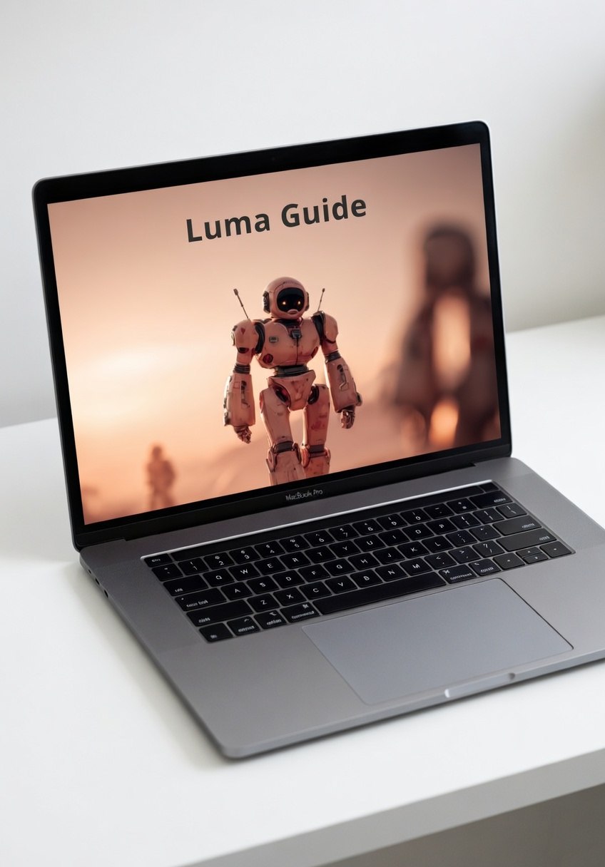 Laptop displaying 'Luma Guide' with a robot image on a white surface