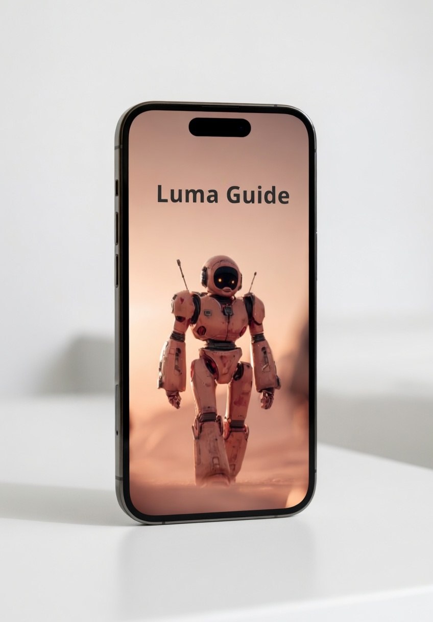 Phone displaying a robot image with 'Luma Guide' text on a white background