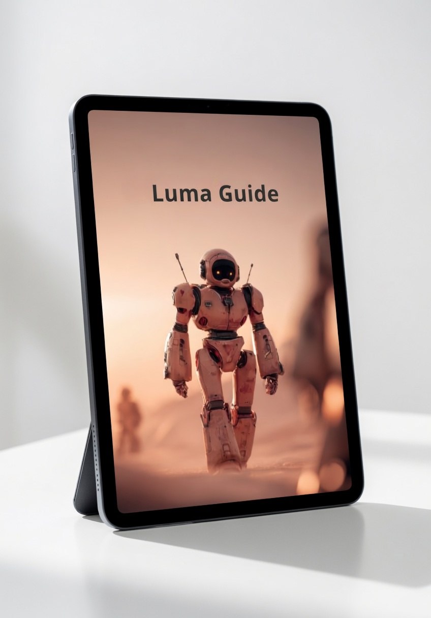Tablet displaying a robot image with 'Luma Guide' text on a white background