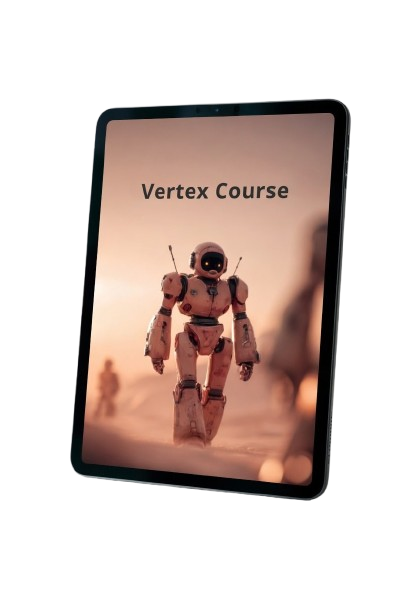 Tablet displaying an image of a robot with 'Vertex Course' text on a white background