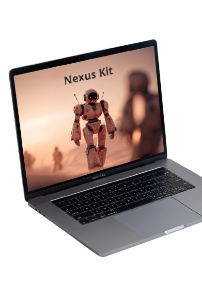 Laptop displaying an image of a robot with 'Nexus Kit' text on a white background