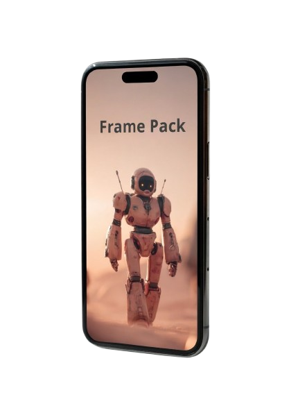 Phone case with robot design and 'Frame Pack' text on a white background