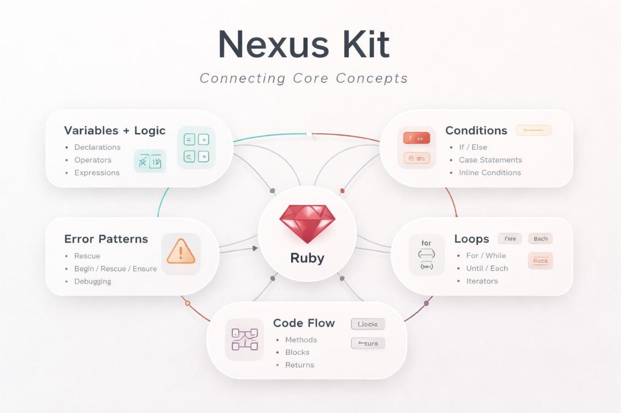 Diagram of 'Nexus Kit' with Ruby at the center, connecting core concepts like variables, logic, conditions, loops, error patterns, and code flow.
