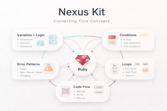Diagram of 'Nexus Kit' with Ruby at the center, connecting core concepts like variables, logic, conditions, loops, error patterns, and code flow.