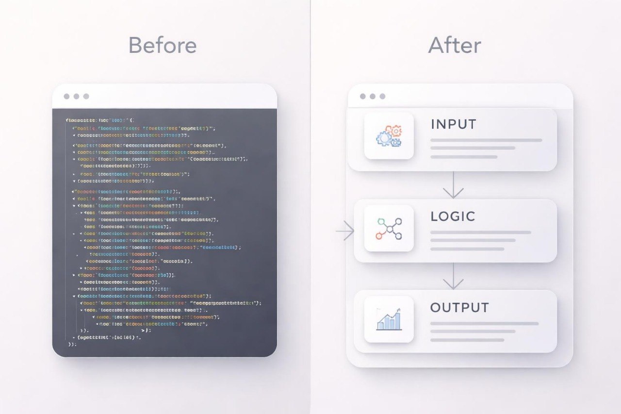Comparison of code on the left and a flowchart on the right with labeled stages.