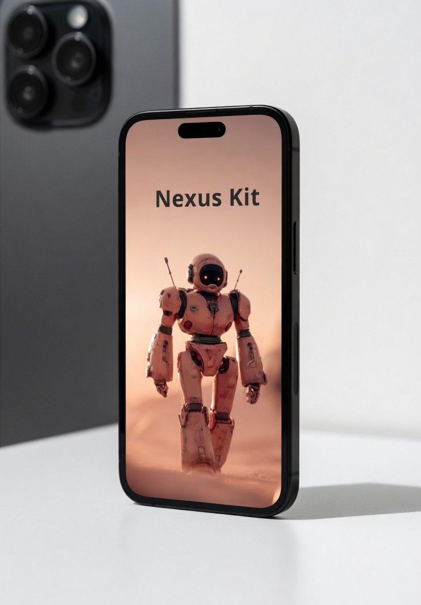 Phone case with robot design and 'Nexus Kit' text on a gradient background