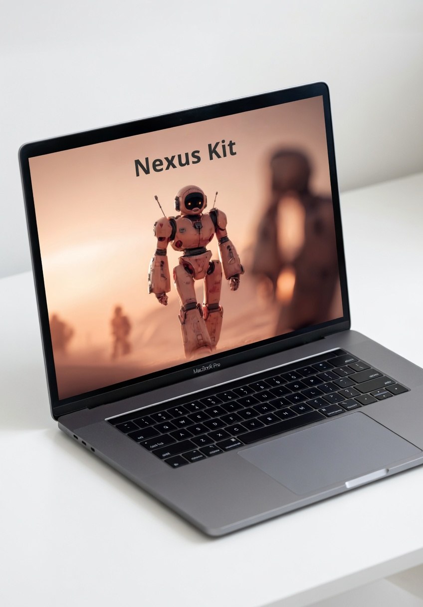 Laptop displaying a screen with a robot image and 'Nexus Kit' text on a white surface.