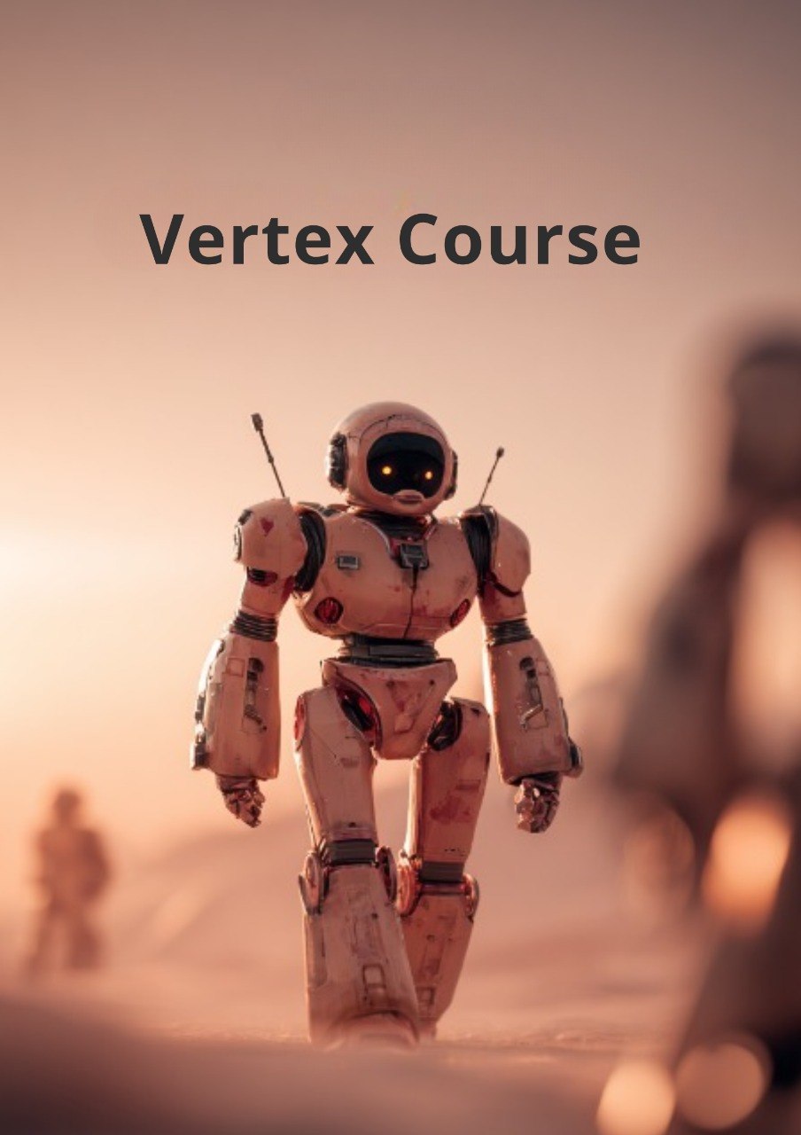 Robot standing in a desert-like environment with 'Vertex Course' text above.