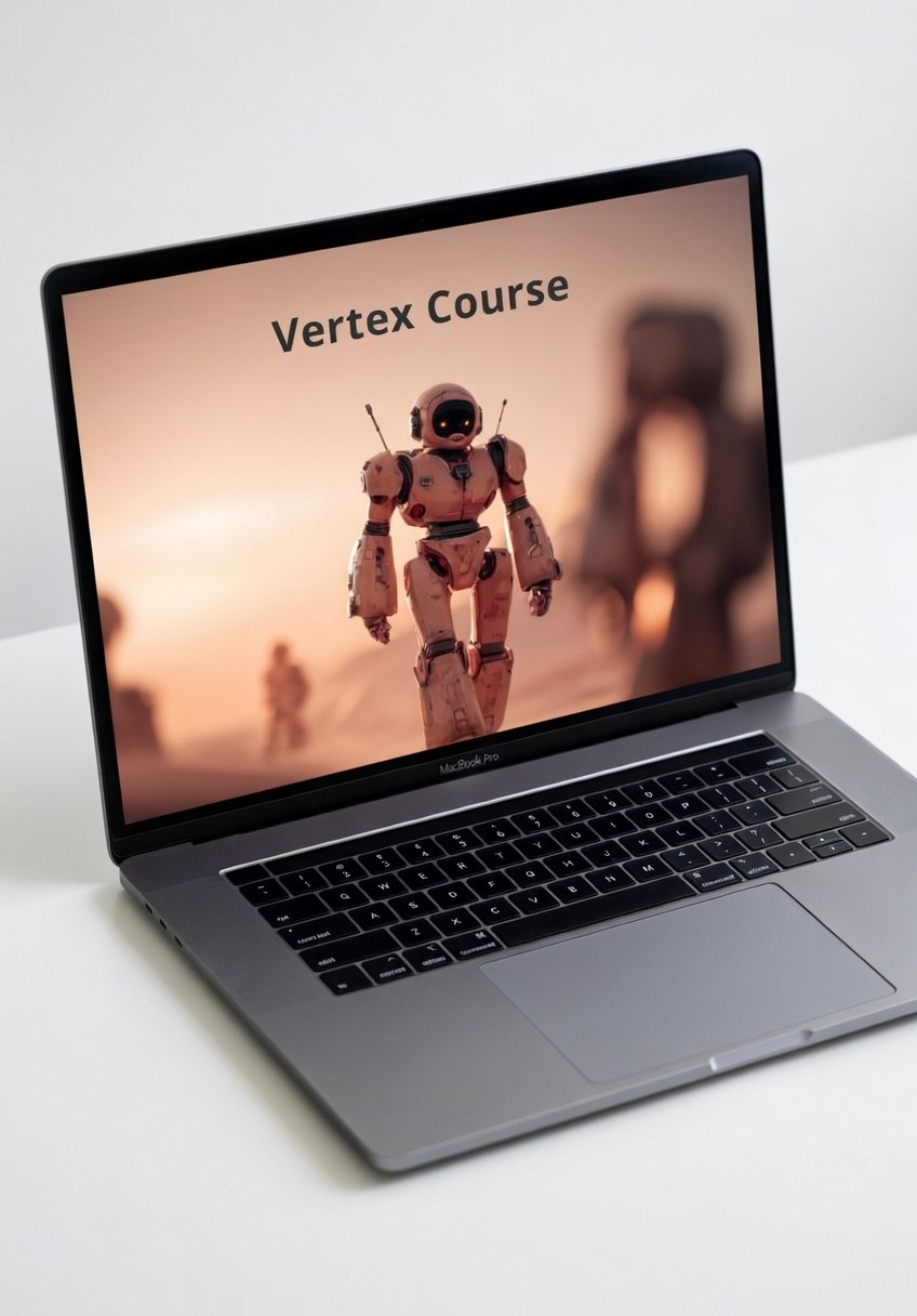Laptop displaying a screen with a robot image and 'Vertex Course' text on a white surface.