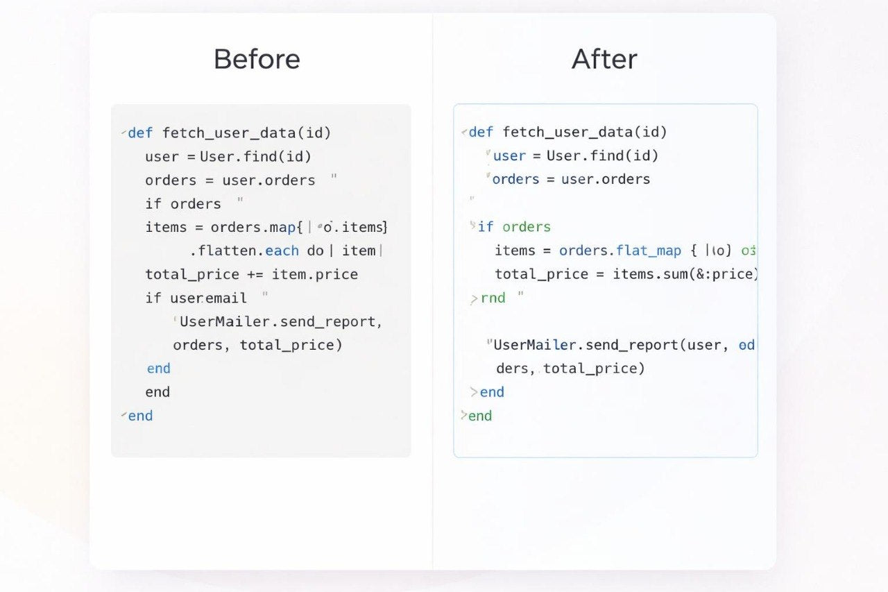 Comparison of code before and after refactoring on a white background
