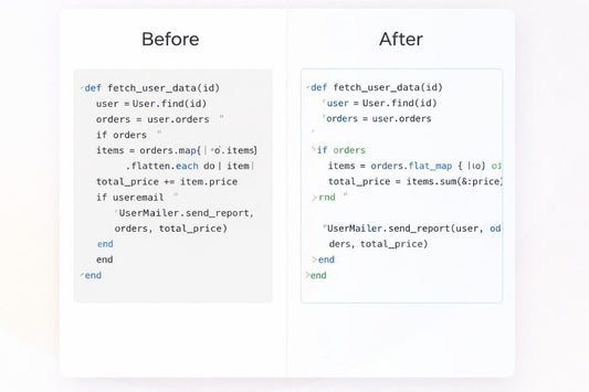 Comparison of code before and after refactoring on a white background